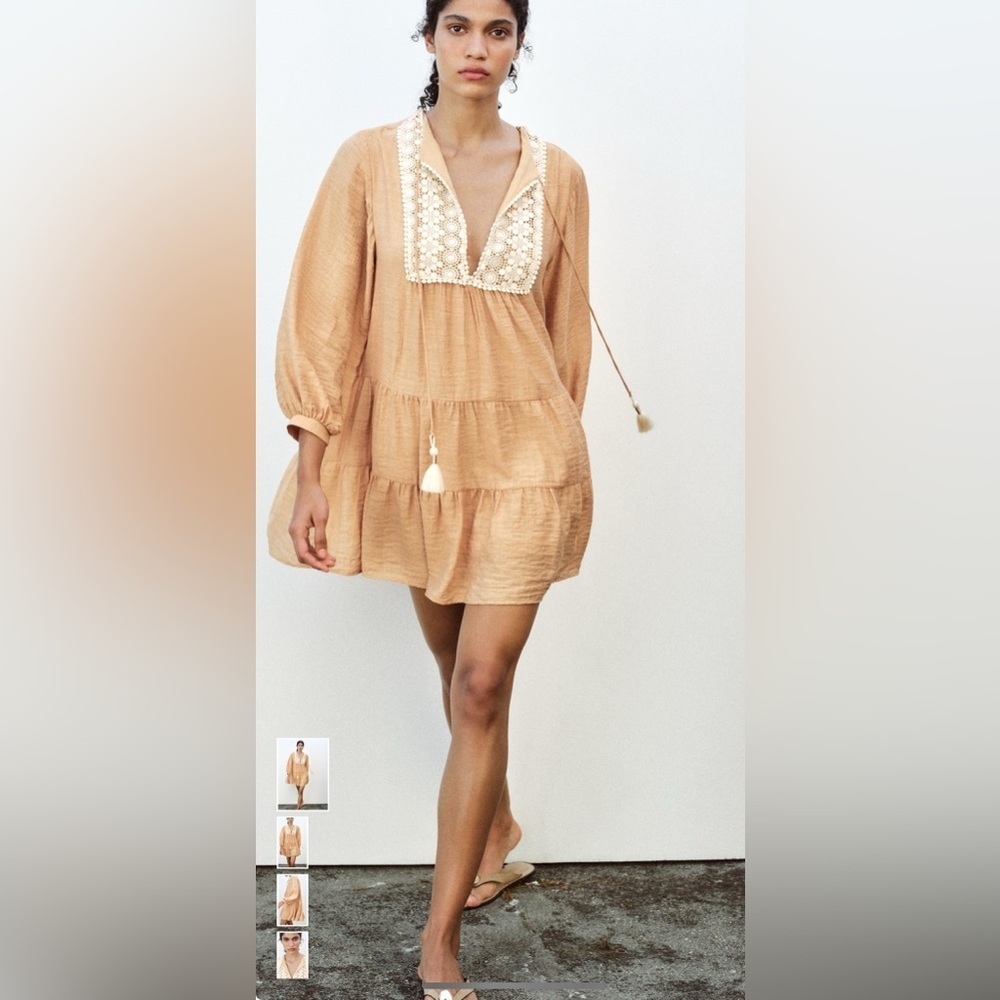 Zara Embroidered Bib Tassel Mini Dress in Tan Peach Size Large